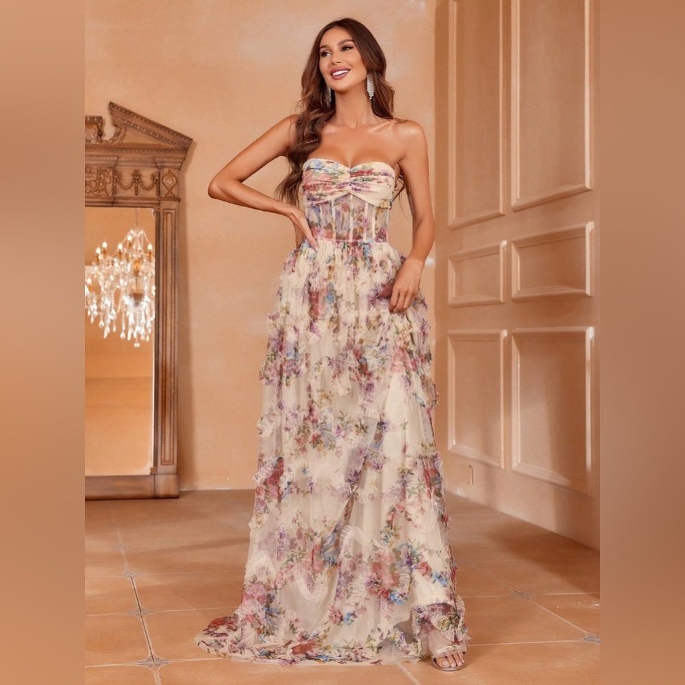Faeriesty Ruched Bustier Ruffle Trim Hem Floral Print Tube Dress